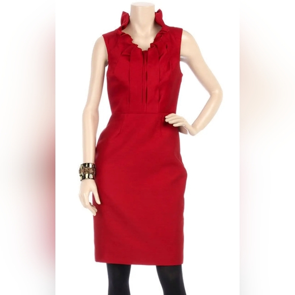 Lela Rose Red Ruffle Neck Silk & Wool Sheath Dress - Picture 1 of 8
